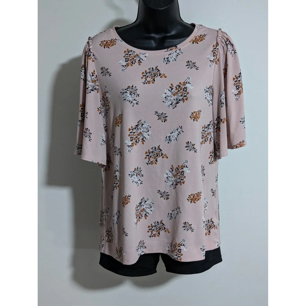 Worthington Floral Blouse Flutter Sleeve Top Lightweight Pink Small - Picture 1 of 6